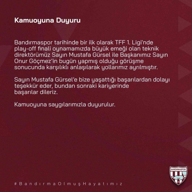 Bandırmaspor, Teknik Direktör Mustafa Gürsel İle Yollarını Ayırdı
