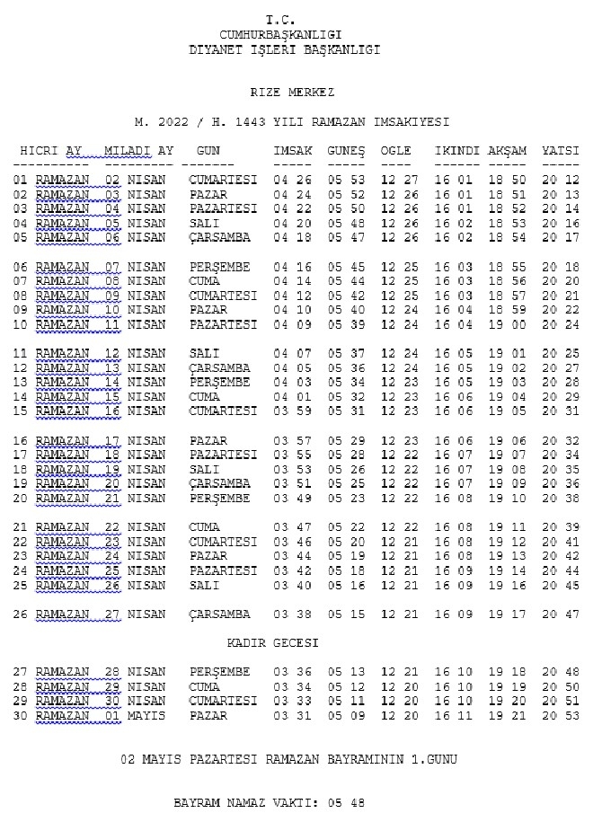 Rize il ve ilçelerinin 2022 Yılı Ramazan İmsakiyesi Belli Oldu 12