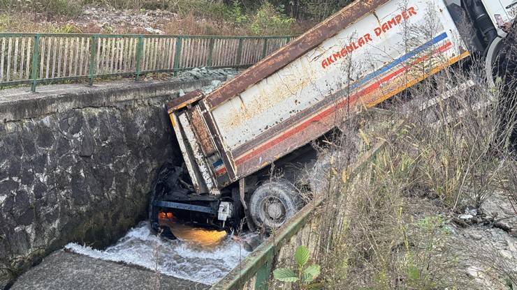 Rize'de kamyon altına aldığı otomobille dereye düştü 1