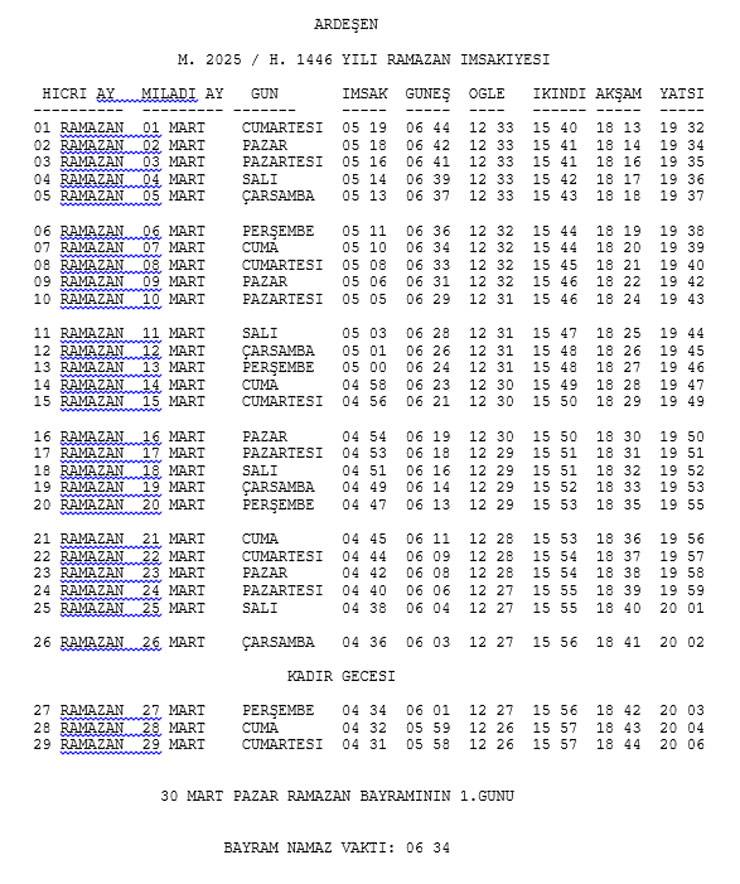 Rize ve İlçelerine Ait 2025 Yılı Ramazan İmsakiyesi Belli Oldu 1