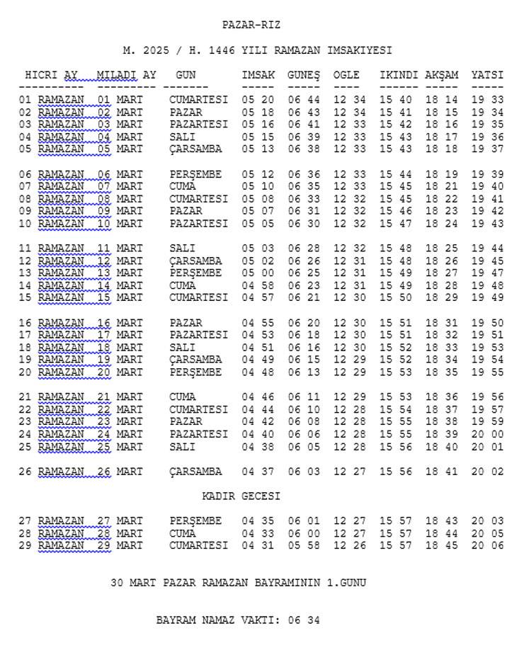 Rize ve İlçelerine Ait 2025 Yılı Ramazan İmsakiyesi Belli Oldu 5