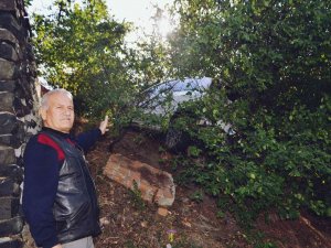 El Freni Çekilmeyen Otomobil Yamaç Araziye Uçtu, Ağaçlara Çarparak Durdu