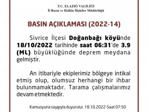 Elazığ Valiliğinden Deprem Açıklaması, “Olumsuz Herhangi Bir İhbar Bulunmamaktadır”