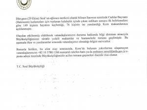 Türkiye’nin Seul Büyükelçiliği: "Olayda Ölen Veya Yaralanan Vatandaşımız Yok"
