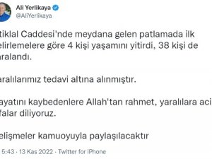 Vali Yerlikaya: "(Taksim’de Patlama) 4 Kişi Yaşamını Yitirdi, 38 Kişi Yaralandı"