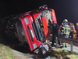 Tomruk Yüklü Kamyon Devrildi: 1 Yaralı