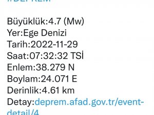 Ege Denizi Açıklarında 4.7 Büyüklüğünde Deprem