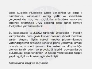 Egm: "Diyarbakır-mardin Karayolunda Meydana Gelen Saldırıya İlişkin Provokatif İçerikli Paylaşımlarda Bulunan 12 Hesap Tespit Edildi”