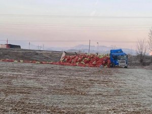 Yoldan Çıkan Tırın Dorsesindeki Soğan Çuvalları Tarlaya Saçıldı: 1 Yaralı