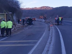 Tomruk Yüklü Kamyon Devrildi: 2 Yaralı