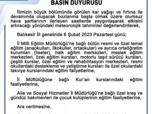 Balıkesir’de Okullar Tatil Edildi