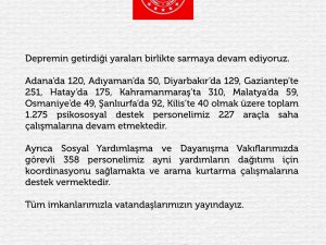 Aile Ve Sosyal Hizmetler Bakanlığı: “Deprem Bölgesinde Bin 275 Psikososyal Destek Personelimiz Çalışmalarına Devam Etmektedir”