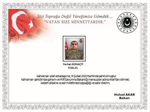 Msb: "Hatay’da, Sevk Edildiği Hastanenin Deprem Nedeniyle Çökmesi Sonucu Kahraman Silah Arkadaşımız P.söz.er. Ferhat Günaçti, 09 Şubat 2023 Tarihinde Şehit Olmuştur. Bizleri Derin Bir Acı Ve Üzüntüye Boğan Bu Olayda Hay