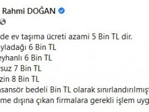 Hatay’da Ev Taşıma Ücretine Azami Sınır Getirildi