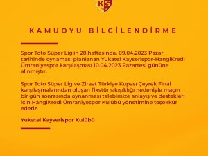 Kayserispor - Ümraniyespor Maçı Pazartesi’ne Alındı