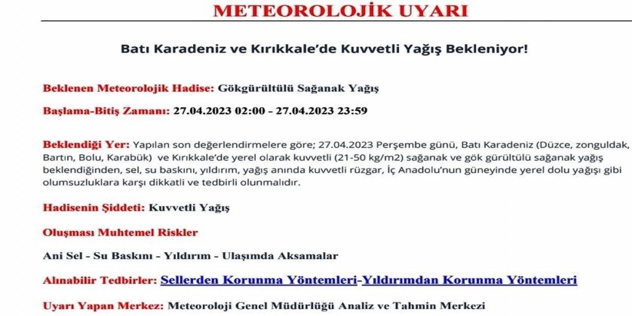 Meteoroloji’den Zonguldak İçin Uyarı