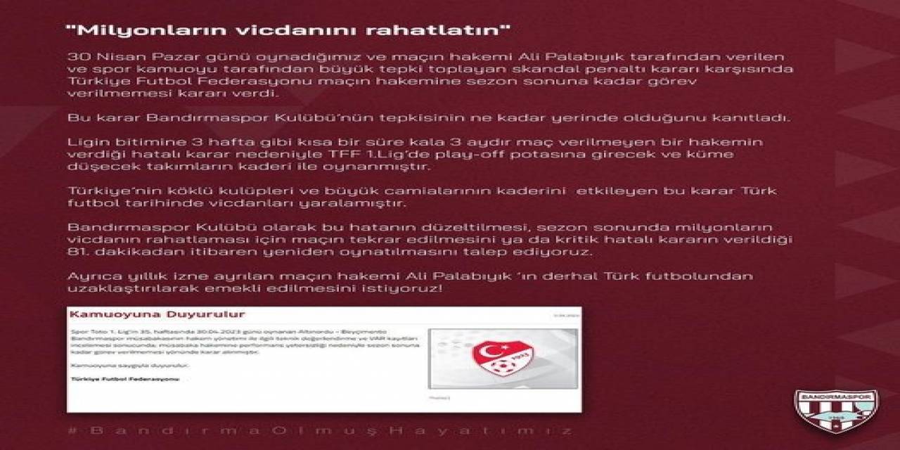 Bandırmaspor’dan Tff’ye: "milyonların Vicdanını Rahatlatın"