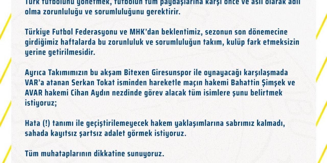 Fenerbahçe: "hataya Tahammülümüz Yok"