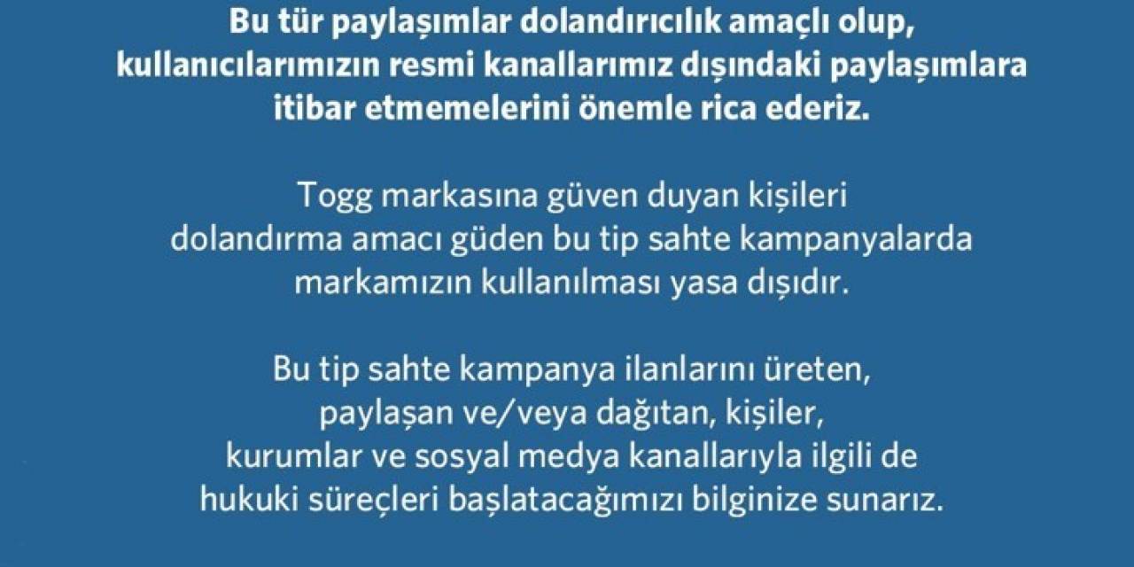 Togg’dan Dolandırıcılık Uyarısı