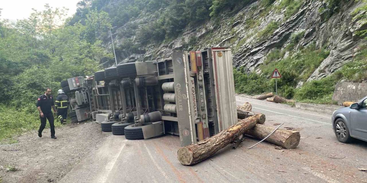 Tomruk Yüklü Tır Devrildi, Sürücüsü Ağır Yaralandı