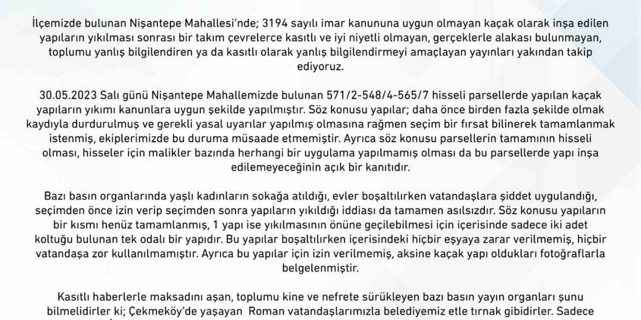 Çekmeköy Belediyesi’nden Kaçak Yapıların Yıkımına İlişkin Basın Açıklaması