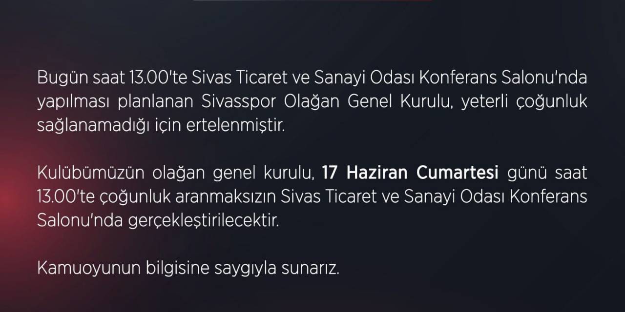 Sivasspor’da Olağan Genel Kurul Ertelendi