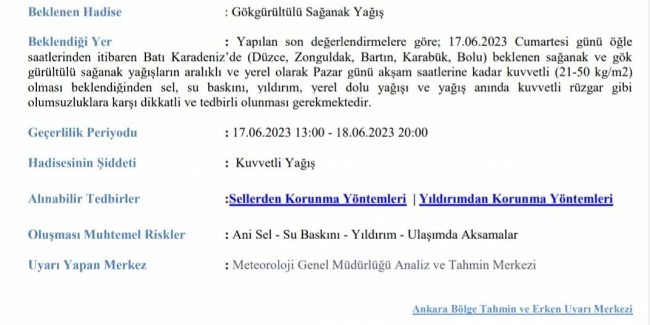 Meteoroloji Yağış Uyarısı Verdi