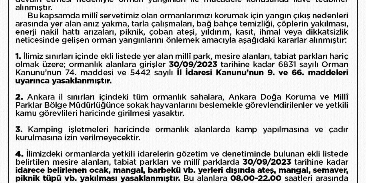 Ankara’da Ormanlık Alanlara Girişler 30 Eylül’e Kadar Yasaklandı