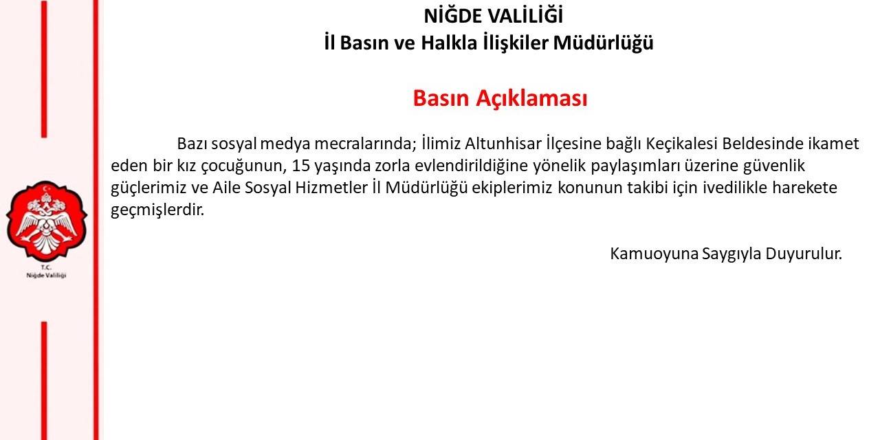 Niğde Valiliği, 15 Yaşındaki Kızın Evlendirilmesi Haberi Üzerine Harekete Geçti