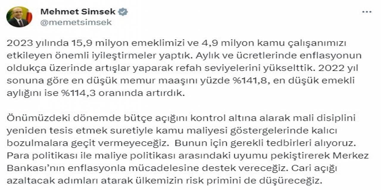 Bakan Şimşek: “mali Disiplini Yeniden Tesis Etmek Suretiyle Kamu Maliyesi Göstergelerinde Kalıcı Bozulmalara Geçit Vermeyeceğiz”