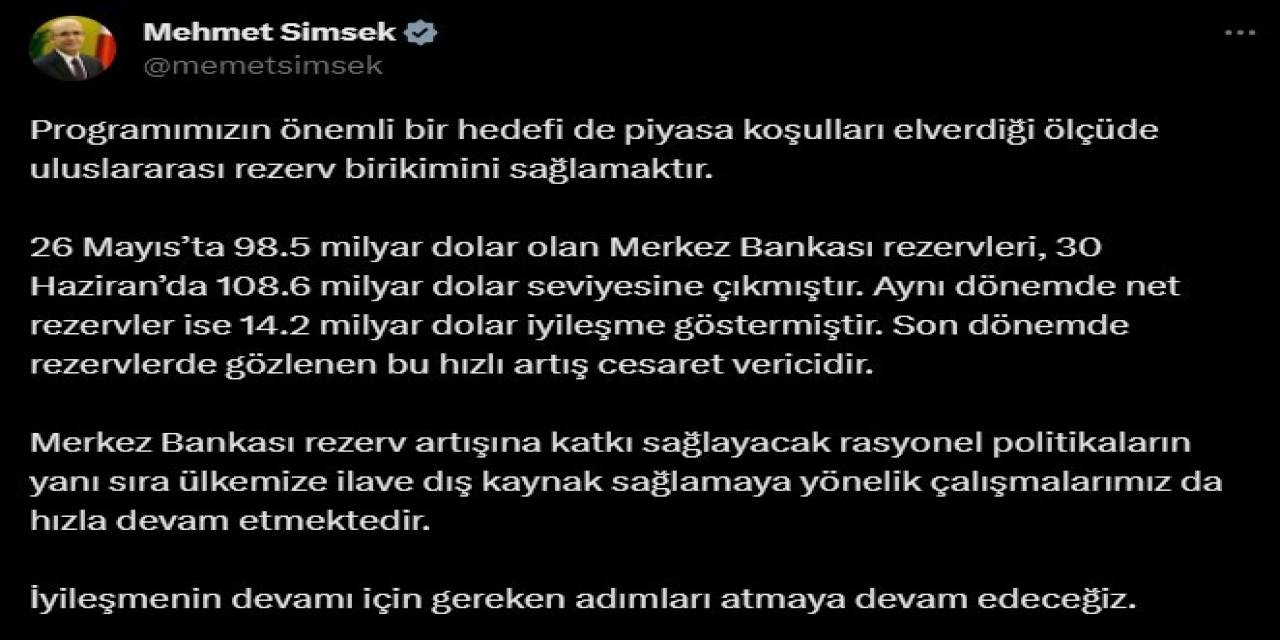 Bakan Şimşek: “bir Aylık Dönemde Merkez Bankası Rezervleri 10 Milyar Dolar Arttı”