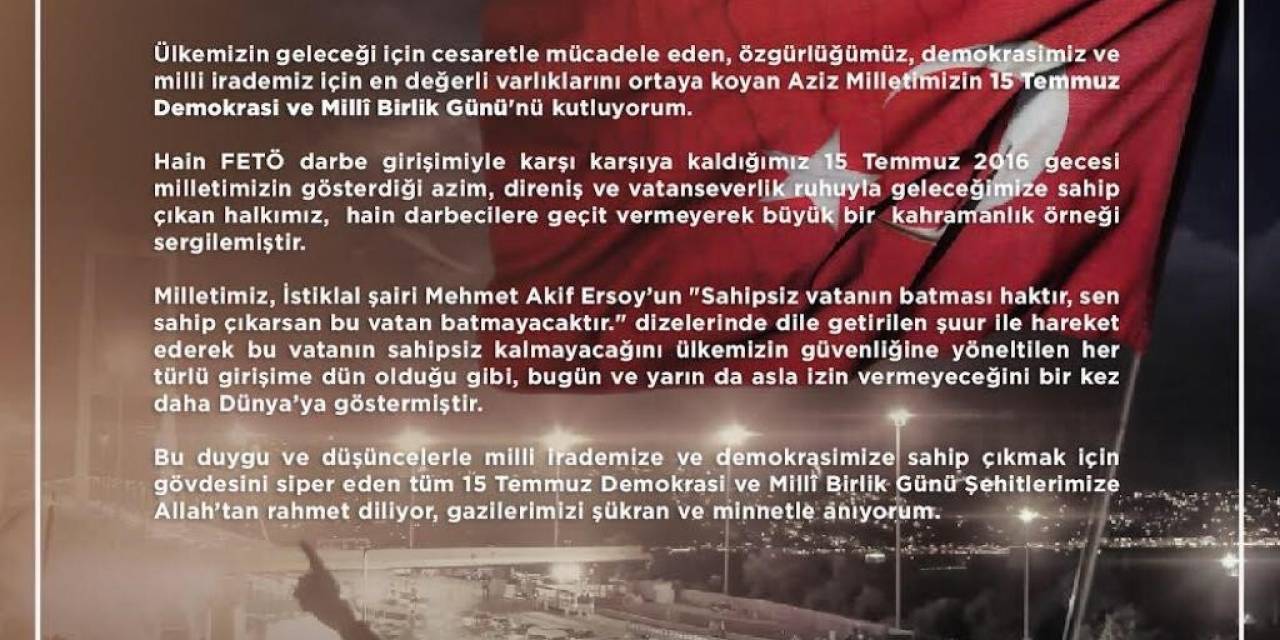 Rektör Prof. Dr. Ekrem Savaş’ın 15 Temmuz Demokrasi Ve Milli Birlik Günü Mesajı