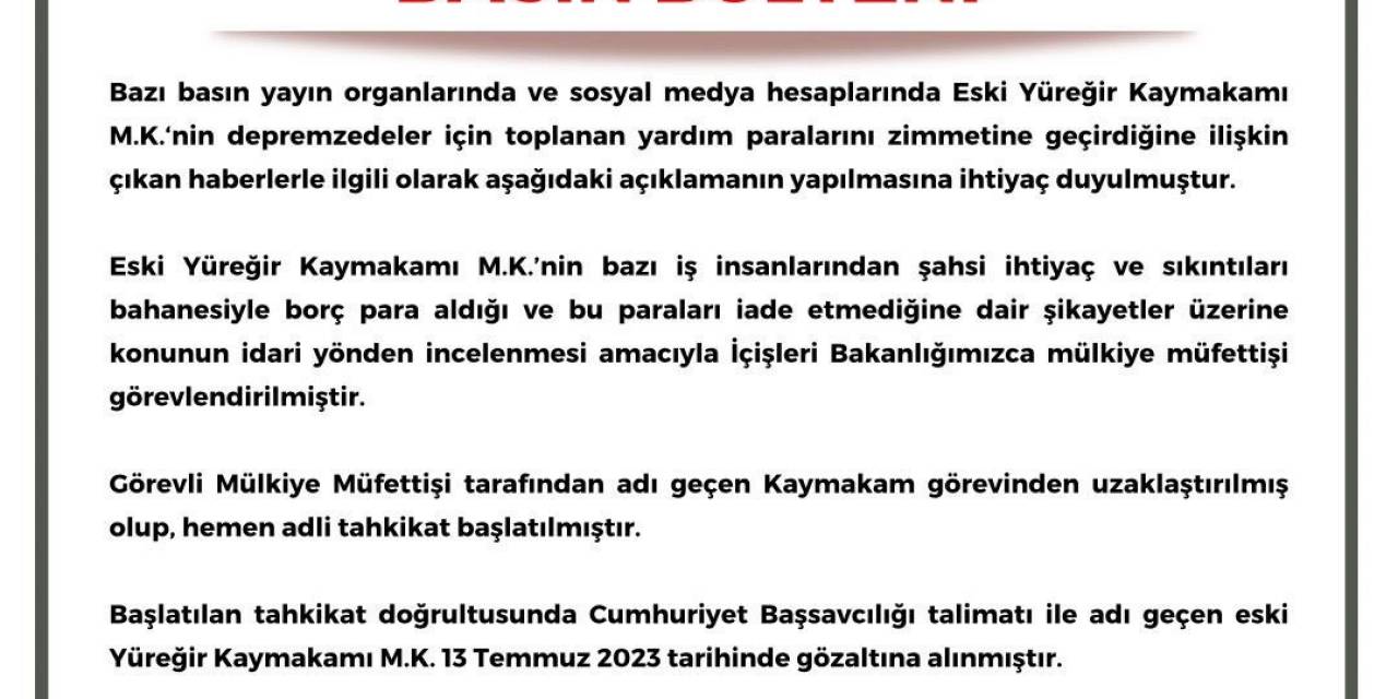 Adana Valiliğinden Gözaltına Alınan Kaymakam İle İlgili Açıklama