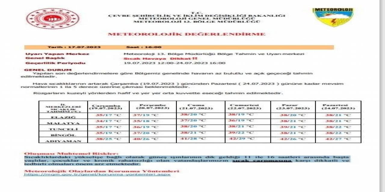 Meteorolojiden Elazığ İçin Sıcaklık Uyarısı