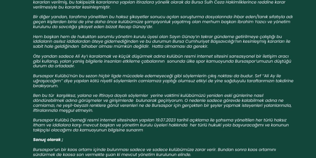 Ali Ay’dan Bursaspor Başkanı Recep Günay’a Sert Cevap