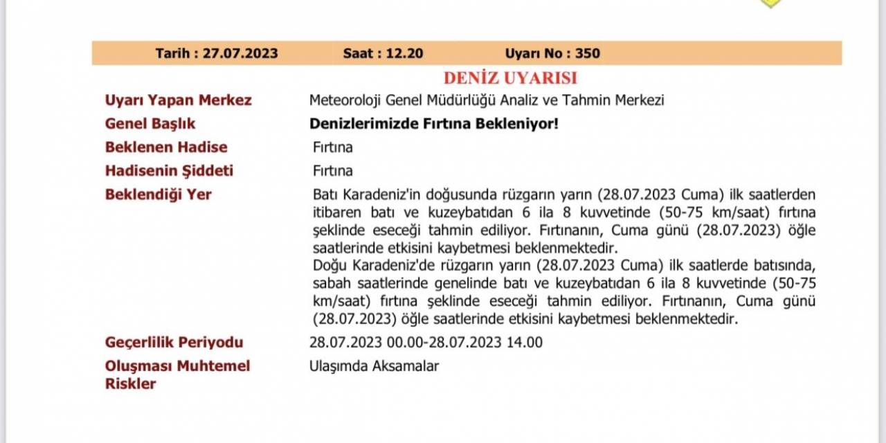 Karadeniz’de Fırtına Uyarısı