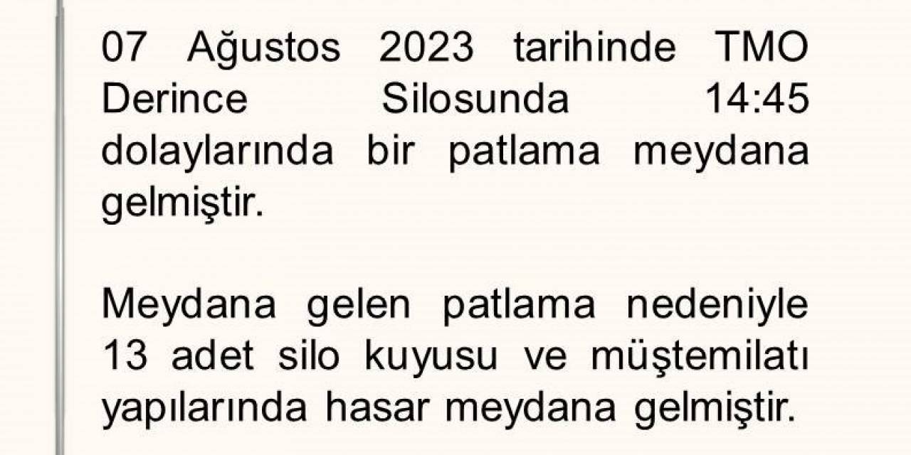 Tmo: "patlamanın Toz Sıkışması Nedeniyle Olabileceği Değerlendirilmekte Olup, Detaylı Teknik İnceleme Sonucunda Sebebi Netleşecektir"