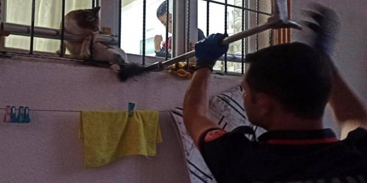 Pencere Korkuluklarına Sıkışan Kediyi İtfaiye Ekipleri Kurtardı