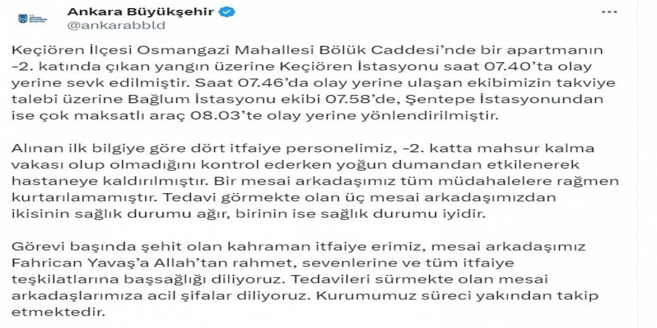 Ankara’da Çıkan Yangında 1 İtfaiye Eri Şehit Oldu