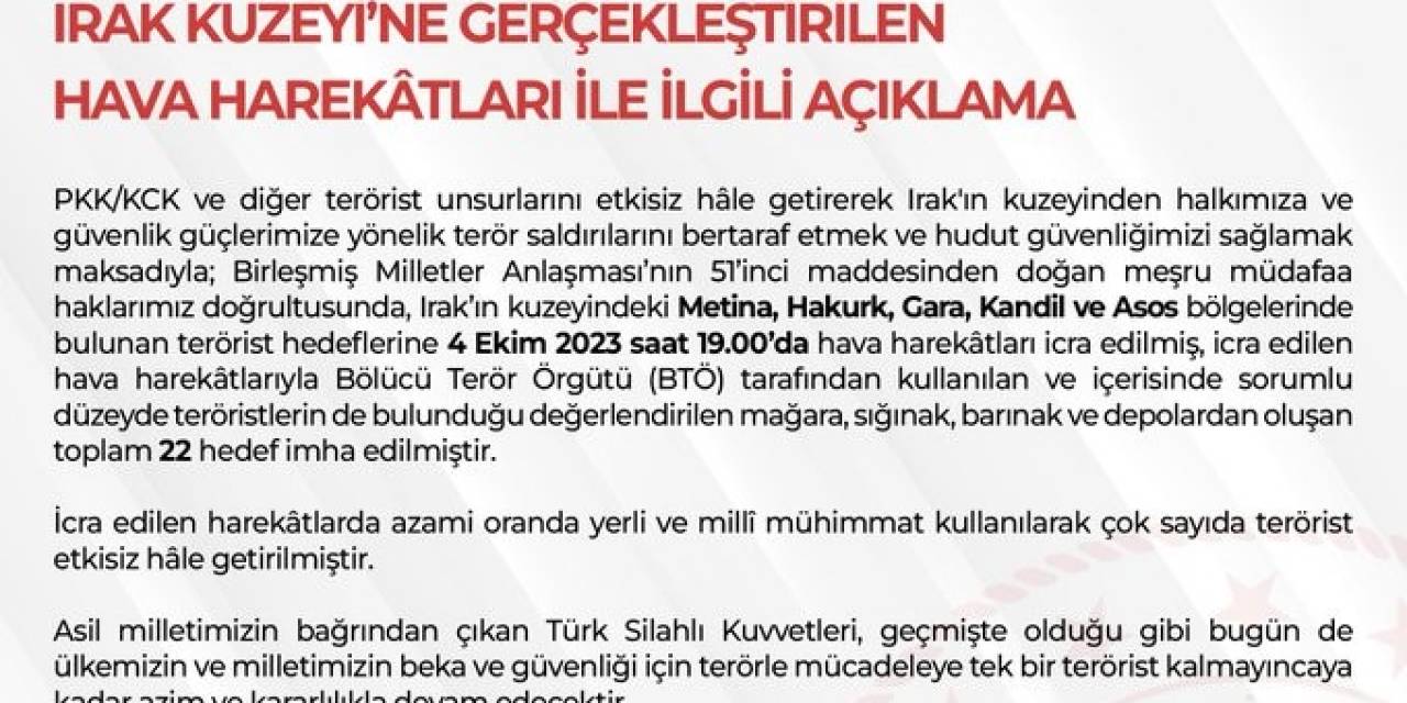 Msb’den Irak’ın Kuzeyine Hava Harekatı: 22 Hedef İmha Edildi