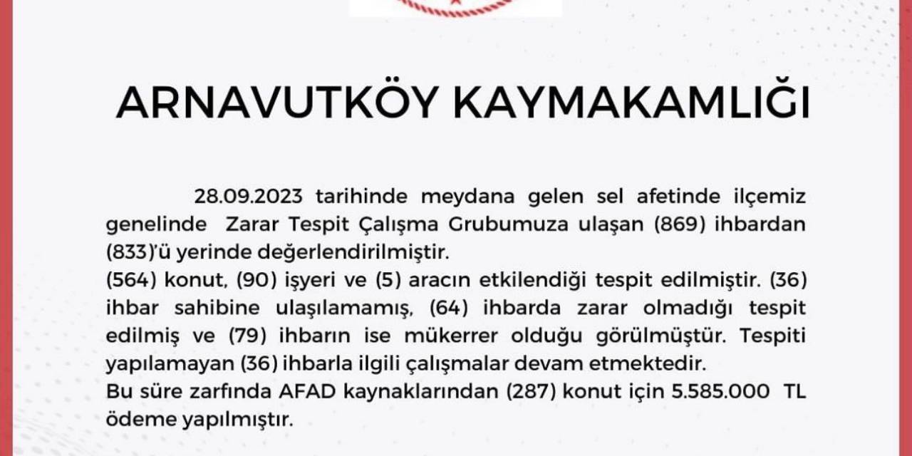Arnavutköy Kaymakamlığı 28 Eylül’de Yaşanan Selle İlgili Bilançoyu Açıkladı