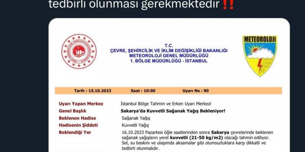 Sakarya’da Kuvvetli Sağanak Uyarısı