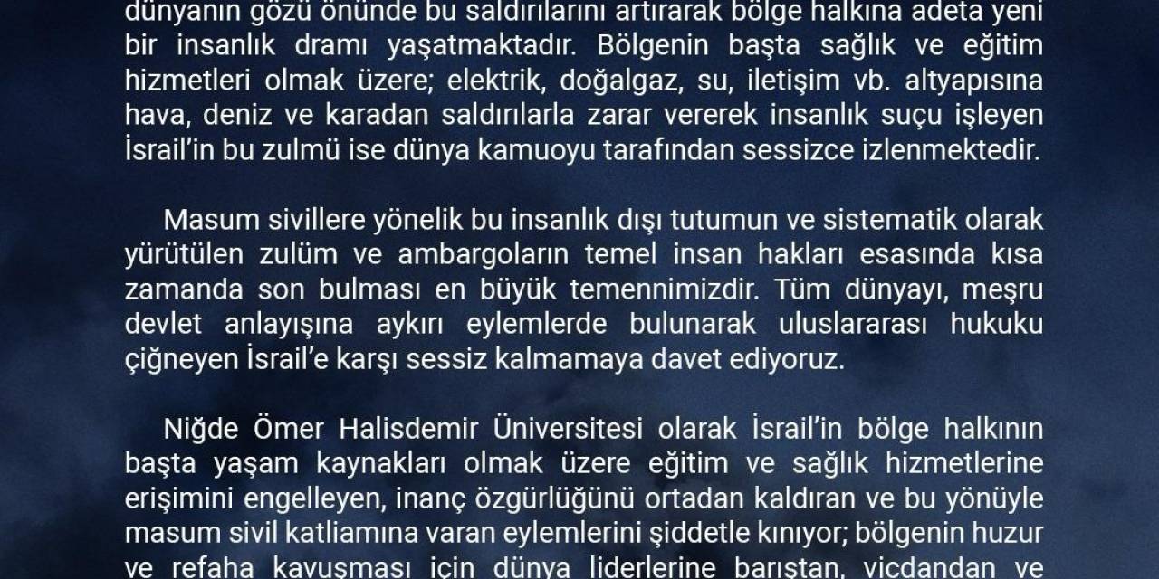 Niğde Ömer Halisdemir Üniversitesi’nden İsrail’in Tutumuna "Sessiz Kalmayın" Çağrısı