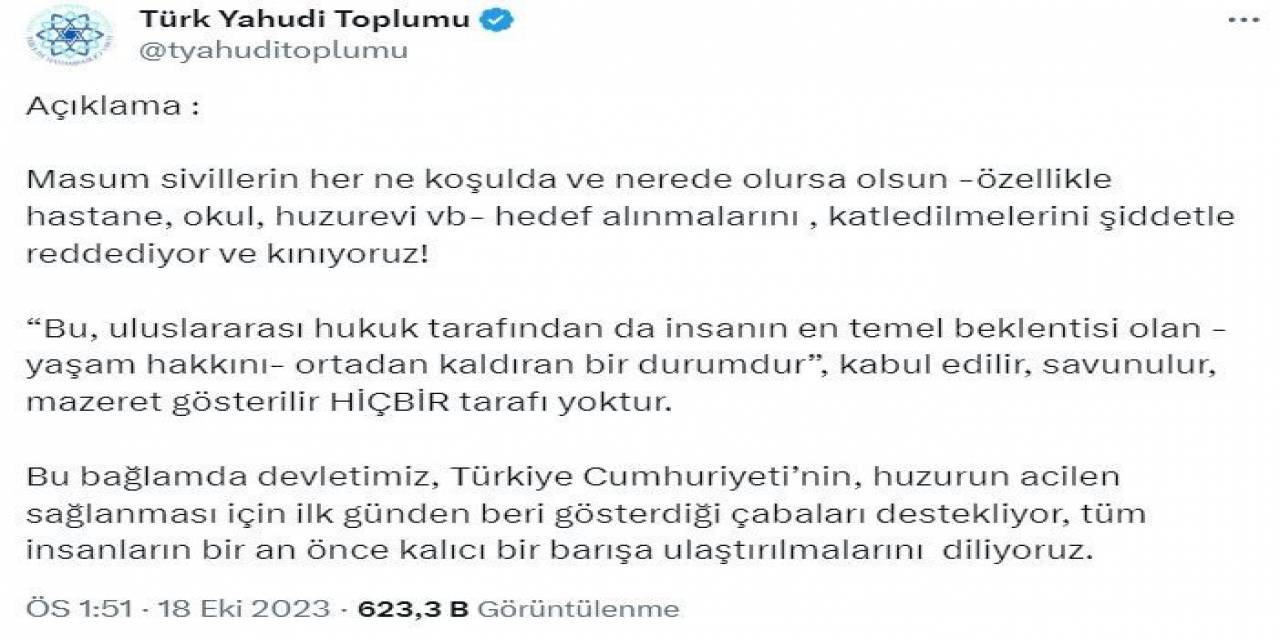 Türk Yahudi Toplumu İsrail’in Hastaneye Saldırısını Kınadı