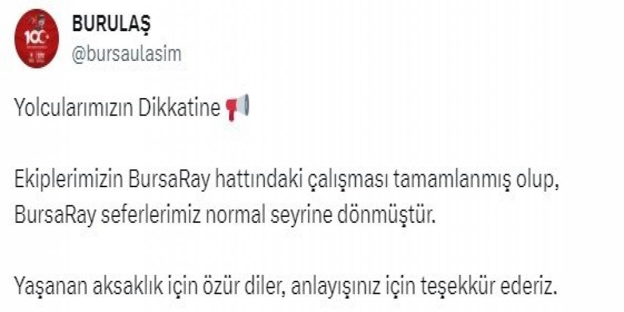 Bursa’da Metro Seferleri Normale Döndü