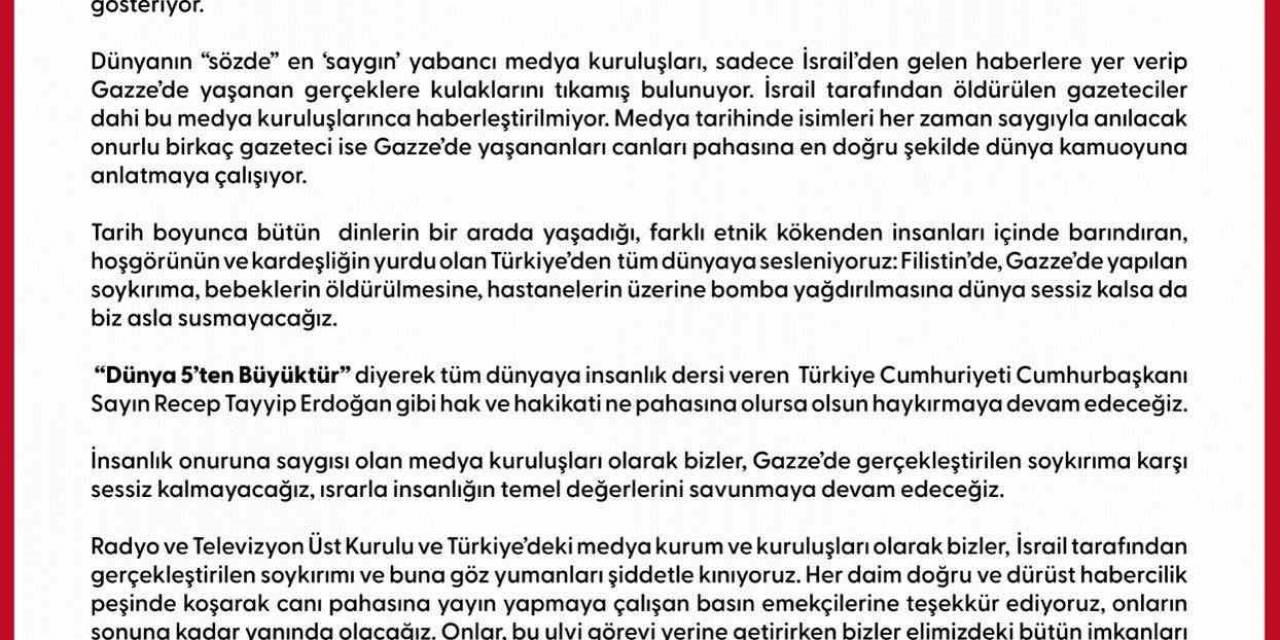Rtük Başkanı Şahin: "Rtük Ve Medya Kuruluşlarımız Olarak Filistin’in Yanında, İsrail’in Katliamlarının Ve Savaş Suçlarının Karşısındayız"