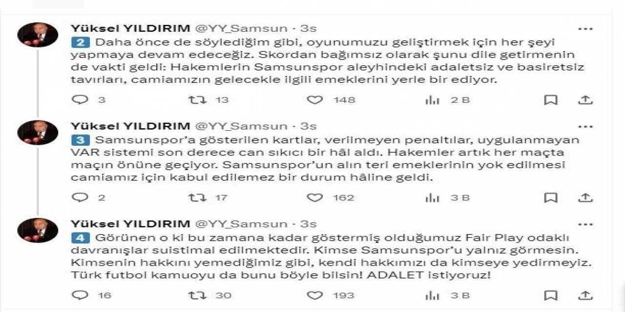 Y. Samsunspor’dan Sert Açıklama: “Hakem Hatalarının Devam Etmesi Durumunda, Emeklerimizin Gölgede Bırakılmasına Göz Yummayacağız"