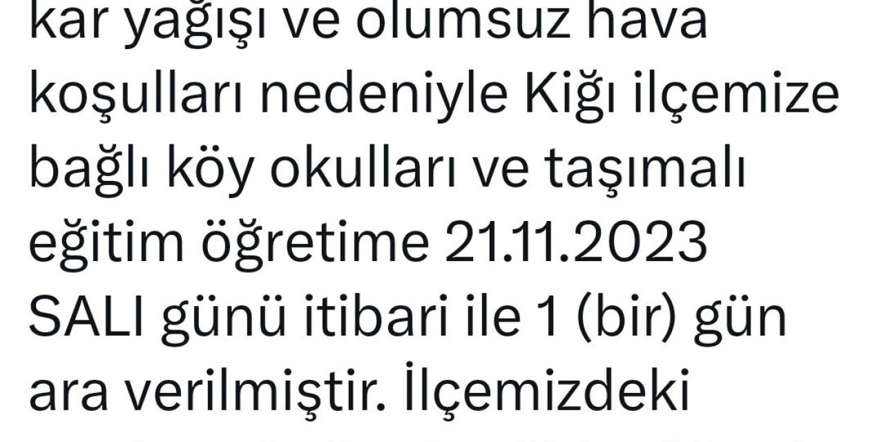 Yedisu’dan Sonra Kiğı’da Da Taşımalı Eğitime 1 Gün Ara Verildi