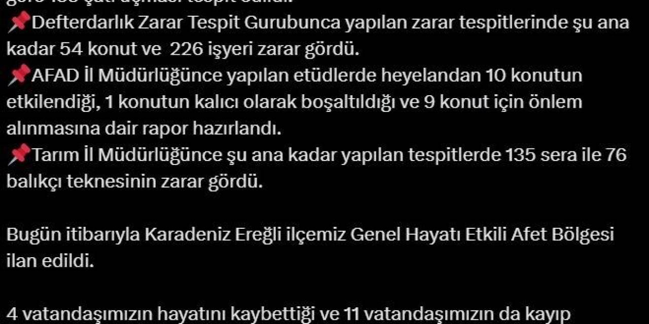 Bakan Yerlikaya: “Bugün İtibarıyla Karadeniz Ereğli İlçemiz ‘Genel Hayata Etkili Afet Bölgesi’ İlan Edildi”