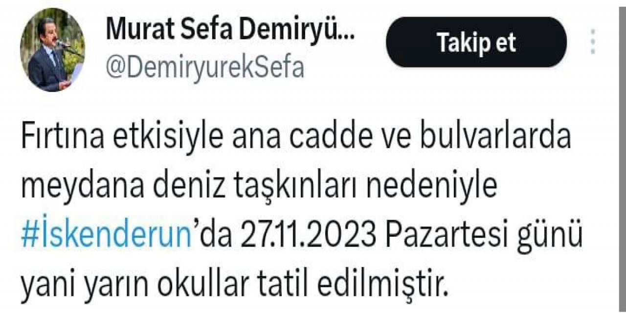 İskenderun’da Okullar 1 Gün Tatil Edildi